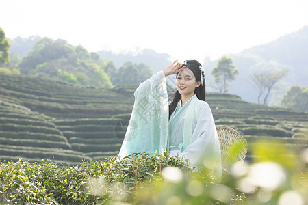 汉服古装美女背茶篓采茶图片