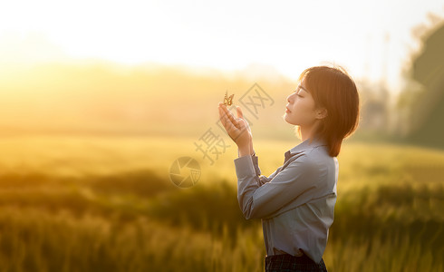 芒种节气手绘麦田丰收清新美女背景