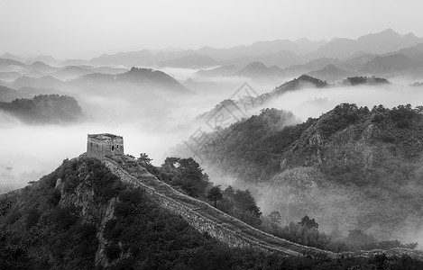 中国水墨风水墨长城黑白风光背景