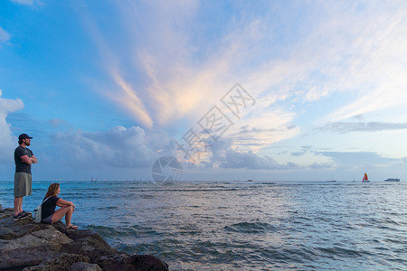 美国夏威夷檀香山威基基海滩日落背景