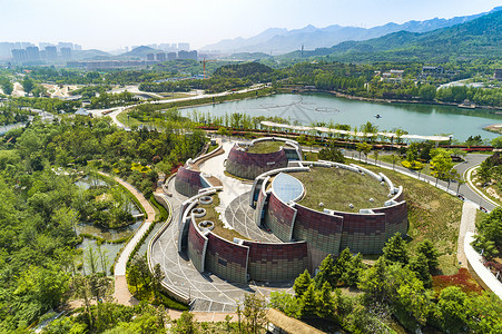 青岛世博园一景青岛世博园莲花馆航拍背景