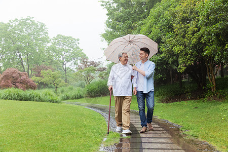 中老年父子撑伞下雨天逛公园高清图片