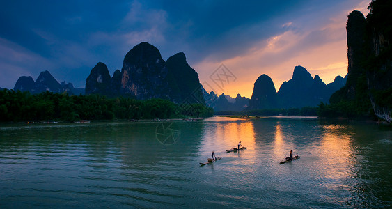 老人民币桂林山水晚霞背景