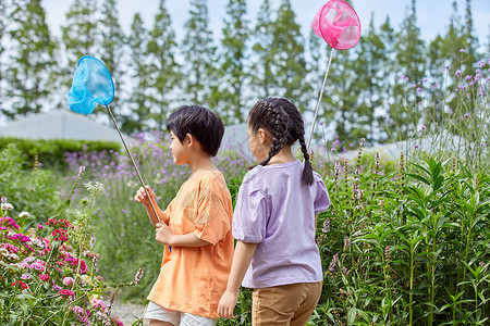 网中蝴蝶儿童在花丛中捕捉蝴蝶背景