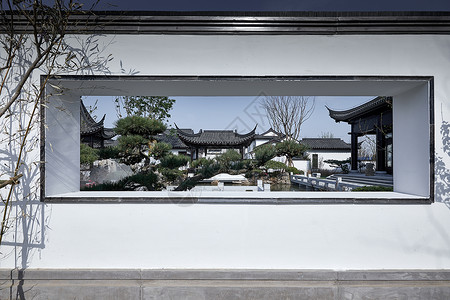 中式窗口山东中式别墅景观大院观景窗口背景