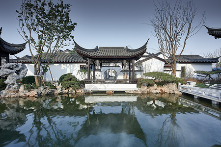 山东中式别墅景观庭院古风建筑高清图片素材