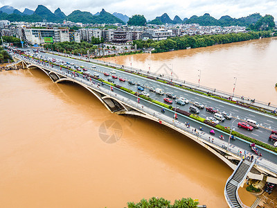 夏季南方暴雨洪涝灾害桂林漓江解放桥洪峰背景