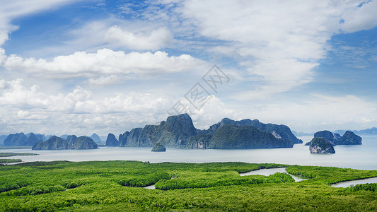 泰国北部菜市场泰国普吉岛北部攀牙湾海上桂林喀斯特地貌背景