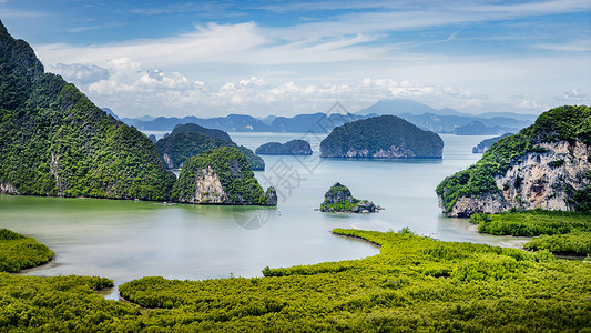 泰国北部菜市场泰国普吉岛北部攀牙湾海上桂林喀斯特地貌背景