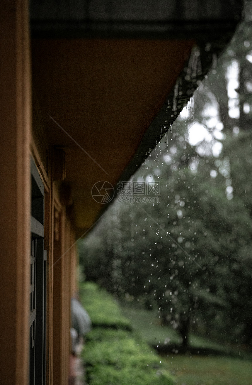 夏天梅雨季节滴雨的屋檐图片