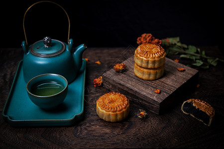 中秋节节日介绍月饼与茶背景