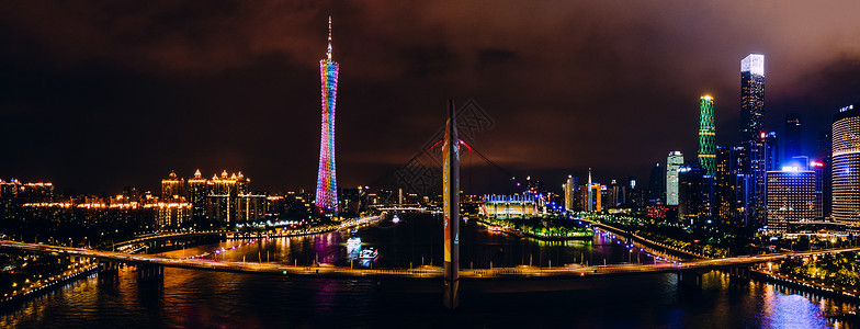 全景航拍广州夜景猎德大桥城市建筑灯火商务楼高清图片素材