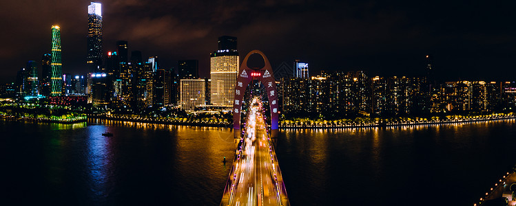 全景航拍广州夜景猎德大桥城市建筑灯火交通高清图片素材