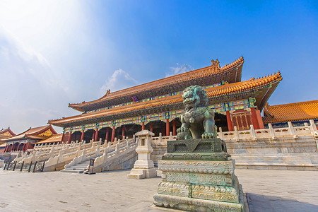 北京故宫太和门北京大气紫禁城故宫石狮子背景