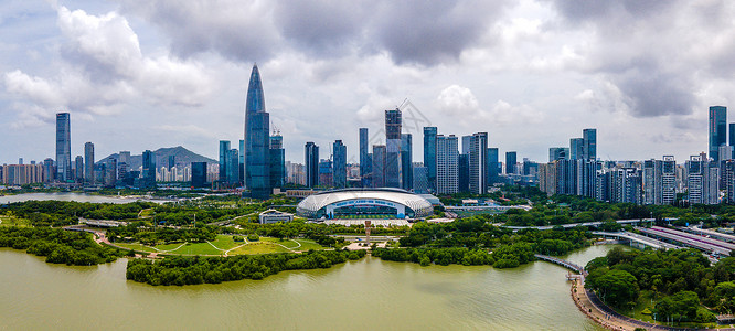 全景航拍深圳人才公园城市建筑群海岸高清图片素材