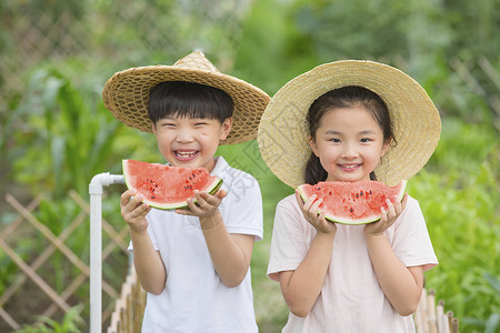 夏日乖巧小女孩夏天小朋友们在户外吃西瓜背景