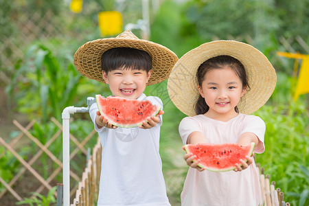 戴帽子的小男孩男孩和女孩在农场吃西瓜背景