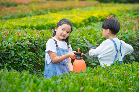 树木枝叶小男孩小女孩在植物从间照料植物背景