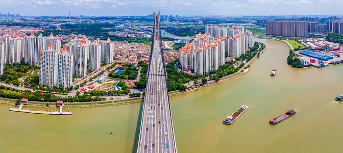 航拍广州东沙大桥城市建筑水域高清图片素材