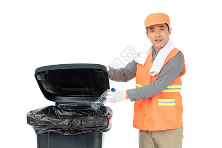 打开垃圾桶丢垃圾的清洁工高清图片
