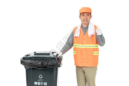 环卫工人与垃圾桶背景图片