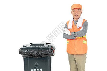环卫工人与垃圾桶图片