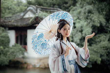 遮阳伞卡通元素中国风古风汉服美女雨中撑伞背景