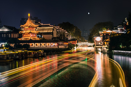 昆山市周庄古镇水巷夜景背景