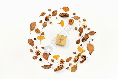 秋日落叶和礼物盒背景图片