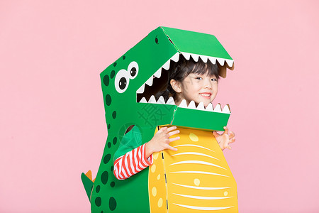 卡通恐龙玩具可爱小女孩cos装扮小恐龙背景