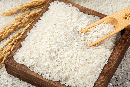 十月金秋木盒里的长粒香大米背景