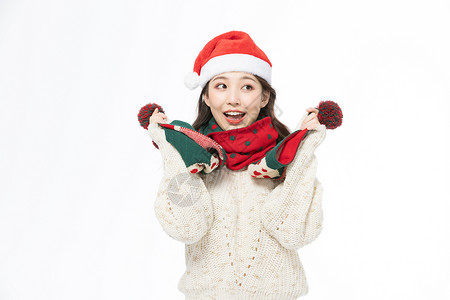 红色羊绒围巾冬季圣诞装扮可爱少女背景