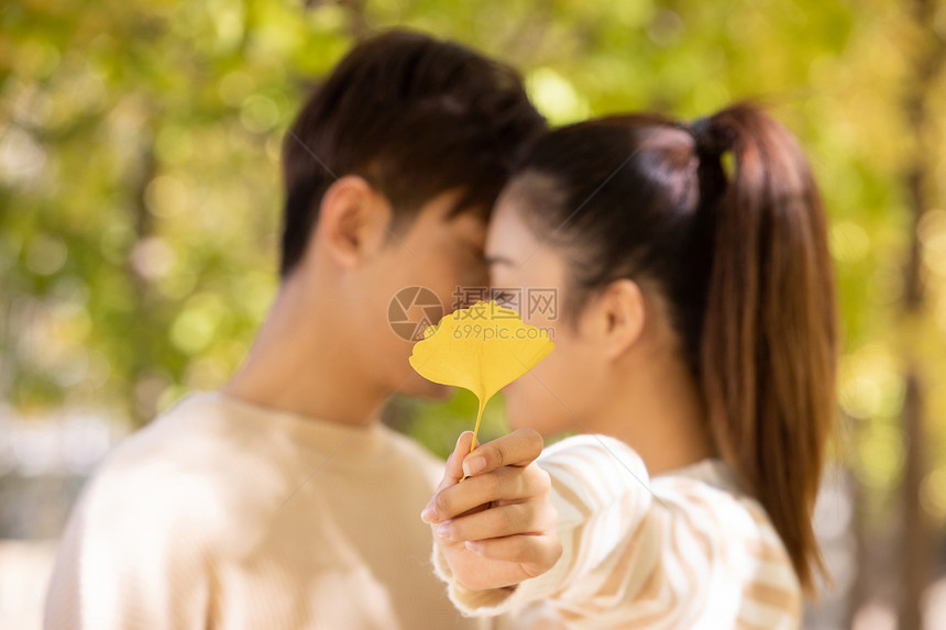 情侣亲吻用银杏叶遮挡图片
