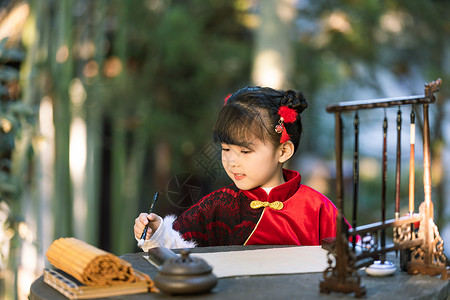 孩子写书法中国风小女孩公园里写书法毛笔字背景