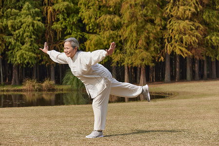 秋季老奶奶养生运动公园里练太极武术功夫老年人高清图片素材