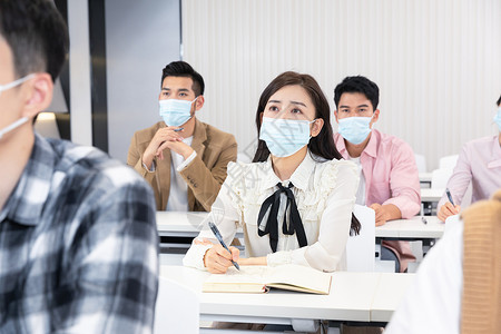 学校宣传折页疫情期间大学生戴口罩听课上课背景