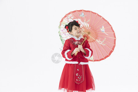 红纸伞穿着新春古装打着红伞的小女孩背景