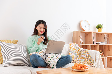 室内玩冬季美女独居沙发上玩笔记本背景