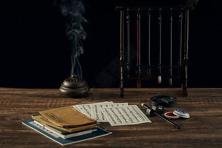 中国笔墨纸砚和香炉背景图片