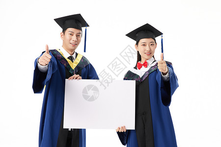 穿硕士服的毕业生手拿白板点赞黄种人高清图片素材