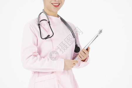 粉色护士服女孩抱着病历本的医护人员形象粉色服装护士背景