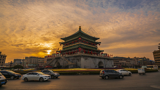 西安城门清晨霞光下的钟楼背景