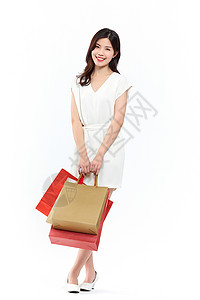 红色年终大促拎购物袋的时尚女性购物背景