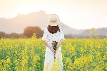 油菜花花海中的少女背景图片