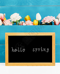 hello菜菜黑板上写着hello spring 和满是鲜花背景板背景