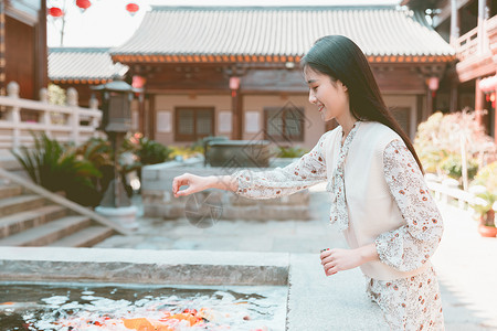 美女与锦鲤美女大学生逛寺庙喂食金鱼背景