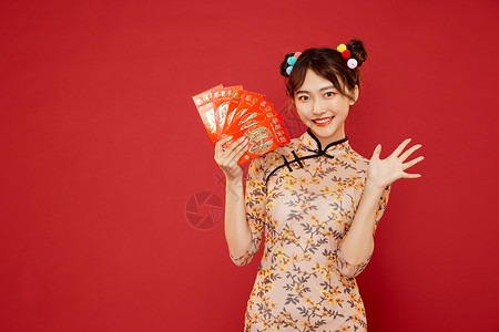 拿红包的女孩中国风国潮旗袍美女拿红包背景