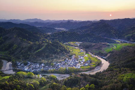 皖南山区歙县石潭村日落背景图片