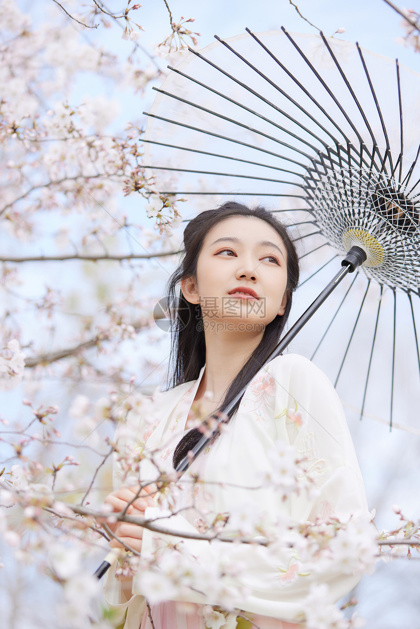 古风汉服樱花美女撑伞图片