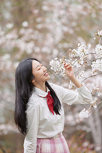 春季樱花少女逛公园赏花图片